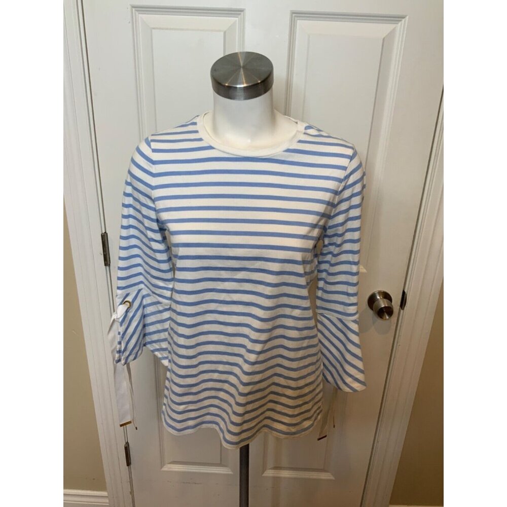 Lauren Ralph Lauren White Blue Striped Flare Sleeve Top, Size M